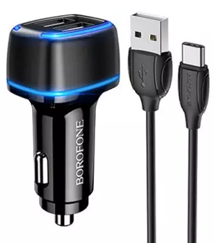 Автомобильное зарядное устройство Borofone BZ14 Max, 2xUSB, 2.4А, 10 Вт, кабель USB Type-C, черный
