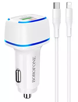 Автомобильное зарядное устройство Borofone BZ14A, 2xUSB, 1xUSB Type C, 3.4А, 15 Вт, QC, PD, кабель Lightning 8-pin, черный