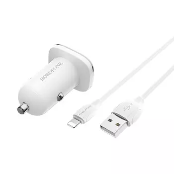 Автомобильное зарядное устройство Borofone Lasting power BZ12, 2xUSB, 2.4А, кабель Lightning 8-pin, белый (6931474708656)