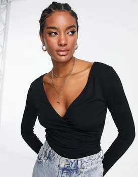 Черное боди с запахом и длинными рукавами ASOS