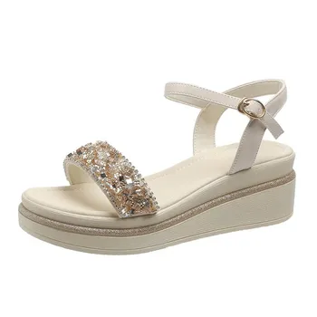 Summer new slope heel platform sandals with rhinestones fashion buckle sandals small height beach sandals 35 золотой
