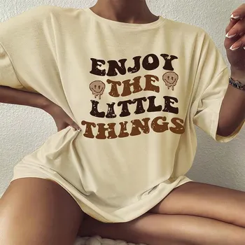 Цветная футболка большого размера Enjoy The Little Things, свободная футболка со смайликом и позитивными высказываниями, женская модная повседневная хлопковая эстетичная футболка S белый