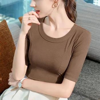 Middle Sleeve T-shirt Women s New Women s Wide-edged Round Neck Half-sleeved T-shirt Chic Fish Bone Waist-tightening Top S чёрный
