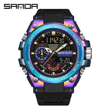 SANDA Luxury LED Dual Display Digital Quartz Watch for Men Shockproof Waterproof Sports Wristwatches Student Watch чёрный