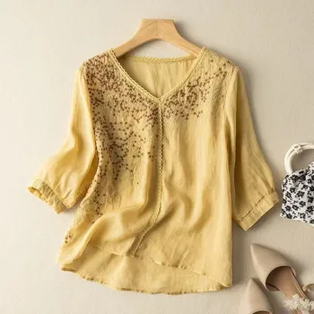 Женская летняя вышитая кружевная утягивающая блузка Boho с V-образным вырезом свободного кроя, удобная хлопковая льняная туника, блузка, футболка с коротким рукавом, топы XXXL белый