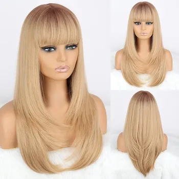 LISI HAIR Натуральный Темно-коричневый Длинный Прямой Многослойный Парик с Челкой Синтетическое Волокно Повседневная Одежда Длинный Натуральный Волнистый Парик 2