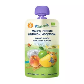 Пюре детское Fleur Alpine МАНГО, ПЕРСИК, ЯБЛОКО с ЙОГУРТОМ и ЦЕЛЬНЫМИ ЗЛАКАМИ, с 6 месяцев, 120 г