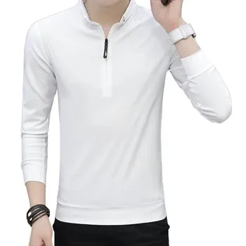 Весна Осень Мужская Рубашка Длинные Рукава Половина Молнии Slim Fit Стоячий Воротник Чистый Цвет Средняя Длина M чёрный