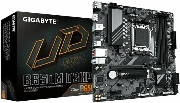 Материнская плата mATX GIGABYTE B650M D3HP (AM4, AMD B650, 4*DDR5 (7600), PCIe, 2*M.2, 4*SATA RAID, 3*USB 3.2, 4*USB 2.0, USB Type-C, HDMI, 2*DP)