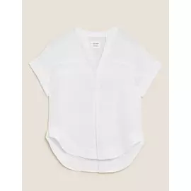 Блузка из чистого льна с V-образным вырезом и короткими рукавами, Marks&amp;Spencer