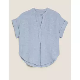 Блузка из чистого льна с V-образным вырезом и короткими рукавами, Marks&amp;Spencer