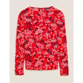 Блузка с объемными рукавами и круглым вырезом с цветочным принтом, Marks&amp;Spencer