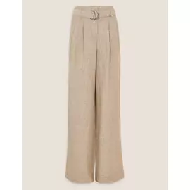 Брюки с поясом с широкими штанинами из чистого льна , Marks&amp;Spencer