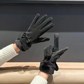Winter Plus Fleece Gloves New Style for Women Riding and Driving Windproof Cold Warm Touch Screen Cute Korean Style Student Riding Bike average size