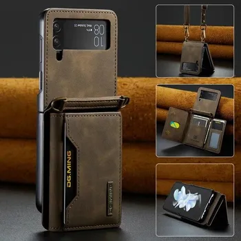 Для Samsung Flip 4 Держатель для карт Лучший защитный чехол для Samsung Galaxy Z Flip4 Flip 4 Кожаный ремешок для телефона Чехлы-кошельки For Z Flip 4 чёрный