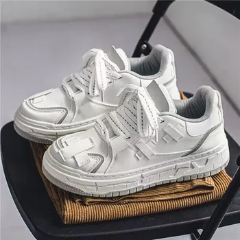 Fashion Thick Soled Small Designer White Shoes for Men 2024 Summer New Leather Versatile Breathable Round Toe Casual Sports Board Shoes 39