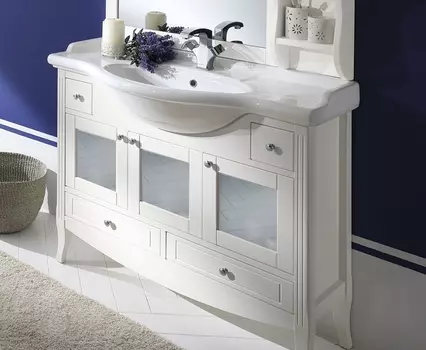 Тумба с раковиной в отделке Белый матовый с золотой/серебряной патиной Bagno Piu Sophia 105 с дверцами под стекло