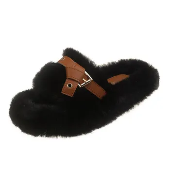 Fashion Slippers Women s Eyelet Buckled Fluffy Winter Slippers Winter Lady Thick Bottom Shoes Thick Flat Bottom Outerwear Plush Slippers 35 хаки