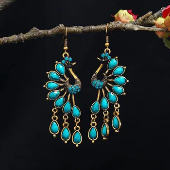 Retro ethnic style peacock earrings long fringed temperament versatile earrings personalized women s simple court earrings