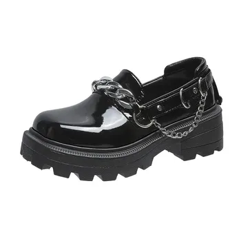Women s Spring Black Platform Casual Shoes Slip on Women Loafers Metal Chain Designer Casual Leather Oxfords 2025 Zapatos Mujer 35 матовый черный