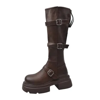 Fashion Ladies Elegant Boots Round Head Solid Color 2024 Hot Sale New Autumn Winter Slip-On Wear Resistant Women Knee Length Shoes 35 чёрный