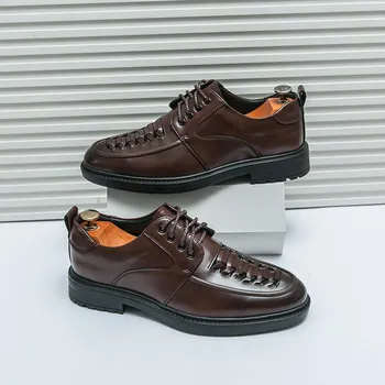 Fashion Leisure Business Designer Style Men s Leather Shoes Lace-Up gentleman Shoes Hot Sale Brand Classic Outdoor party men s shoes 38 чёрный