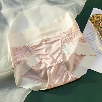 Женское нижнее белье из атласа, сексуальные трусы с высокой талией, легкие хлопковые трусики с треугольными чашечками и волнистым краем из ледяного шелка M