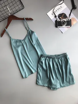 Ледяной шелк Twinset, корейский однотонный женский пижамный комплект, пижамный комплект, женский летний жилет, шорты, костюм M чёрный