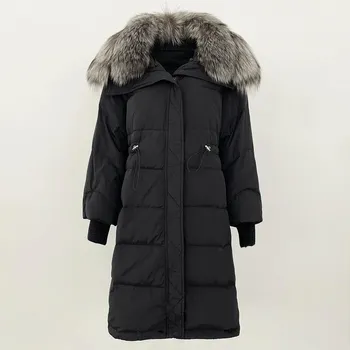 OFTBUY Осень-зима Пуховик средней длины со съемным воротником из натурального меха лисы Женская толстая теплая верхняя одежда Уличная одежда S хаки