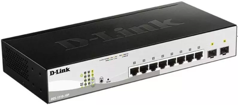 Коммутатор PoE D-link DGS-1210-10P 8x10/100/1000Base-T PoE (PoE-бюджет 65Вт), 2x1000Base-X SFP, L2