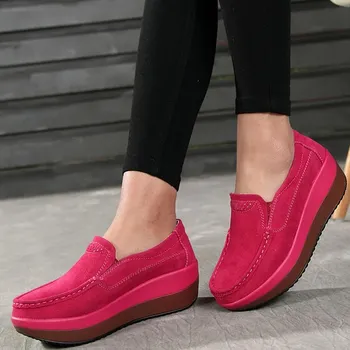 Обувь на платформе Creepers, женские туфли на плоской подошве, женские лоферы, весенне-осенняя повседневная замшевая кожаная обувь, женские мокасины без шнуровки, большие размеры 42 36