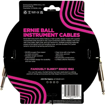 Прямой инструментальный кабель Ernie Ball — черный, 15 футов.