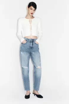 Джинсы mom fit рваные с высокой посадкой
