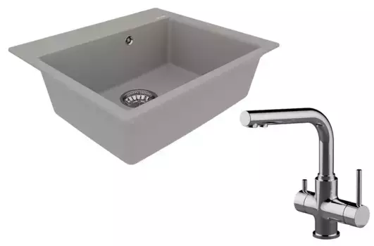 Мойка для кухни «Lemark» Hanka 570 и смеситель 9910015-LM3061C искусственный камень серый/хром