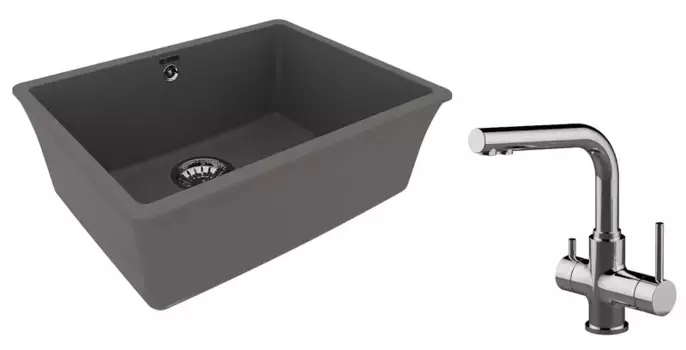 Мойка для кухни «Lemark» Sinara 540-U и смеситель 9910077-LM3061C искусственный камень серый шелк/хром