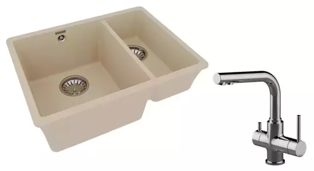 Мойка для кухни «Lemark» Sinara 550.2-U и смеситель 9910080-LM3061C искусственный камень бежевый/хром
