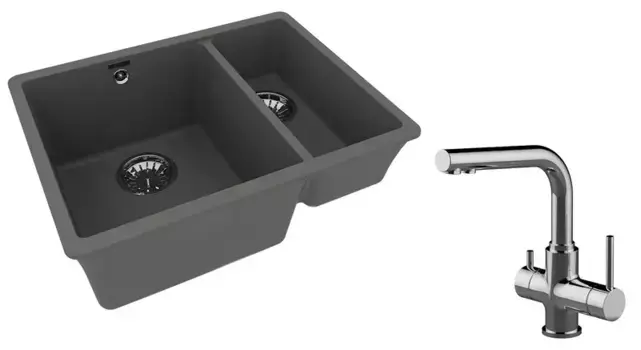 Мойка для кухни «Lemark» Sinara 550.2-U и смеситель 9910083-LM3061C искусственный камень серый шелк