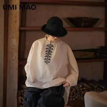 Новинка, китайская Осенняя черно-белая рубашка UMI MAO, длинная свободная рубашка из штапельного хлопка в стиле ретро, женская футболка с круглым вырезом и вышивкой, Топ