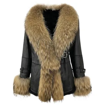 OFTBUY 2024 Новый воротник из натурального меха енота лисы с подкладкой из меха кролика, зимняя куртка для женщин, толстая теплая верхняя одежда, уличная одежда S светло-коричневого