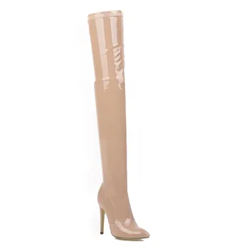 Q/Женские сапоги на высоком каблуке, сексуальные сапоги до колена на тонком каблуке с острым носком, женская обувь большого размера 34 чёрный