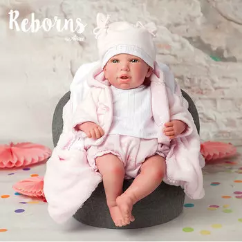 Новорождённый пупс из серии Arias ReBorns – Paola, мягкое тело, 45 см., в розовой одежде, с соской и одеялом