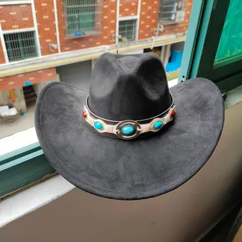 Замшевая шляпа Fedora Ковбойские шляпы в стиле вестерн Замшевая ковбойская шляпа в стиле вестерн Мужская и женская ковбойская шляпа с большими полями с каплевидным верхом M55-58cm