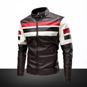 Autumn and Winter Casual Motorcycle Color Matching Leather Jacket Men s Stand Collar Retro Warm Leather Jacket M чёрный