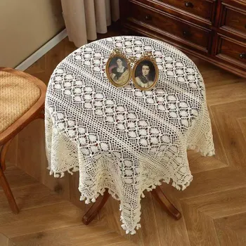 Винтажная вязаная крючком скатерть с дырочками и кисточками, скатерть в полоску в стиле бохо с геометрическим узором для вечеринки, дня рождения, обеденного стола 100x140cm