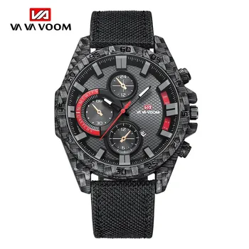 VA VA VOOM Relogio Masculino Спортивный стиль Механизм Простая модная кожа - нейлоновый ремешок 30 м Водонепроницаемый светящийся календарь Мужские кварцевые наручные часы Leather strap красный/чёрный
