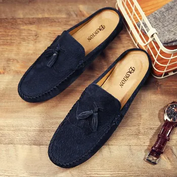 Summer Breathable Slip on Half Shoes for Men Leather Casual Quality 2024 Men Khaki/gray/blue Slip-on Half Trailer Suede Loafers 38 серый