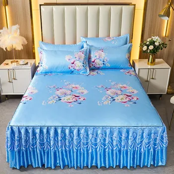 Охлаждающая юбка-наволочка для лета colcha de cama queen, покрывало в цветочном стиле, кружевная простыня 180x220 с противоскользящими ремнями 3pcs 150x200cm