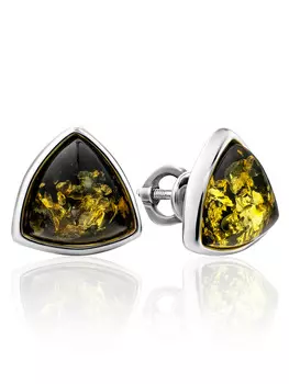 Серьги-гвоздики из искрящегося зелёного янтаря «Мистраль»