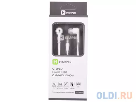 Наушники HARPER HV-402 / Проводные / Внутриканальные с микрофоном / Белый / 20 Гц - 20 кГц / 103 дБ / Двухстороннее / Mini-jack / 3.5