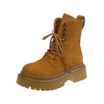 Fashion Women Shoes Round Toe Women s Ankle Boots 2024 New Fashion Lace Up Solid Color Chunky Modern Female Shoes Zapatillas Mujer 35 бежевый